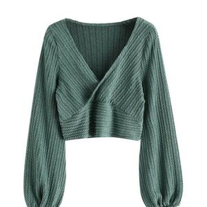 Zaful Sage Green Cable Knit Wrap Crop Top